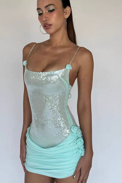 Sheer Sling Slim Floral Sequin Dress
