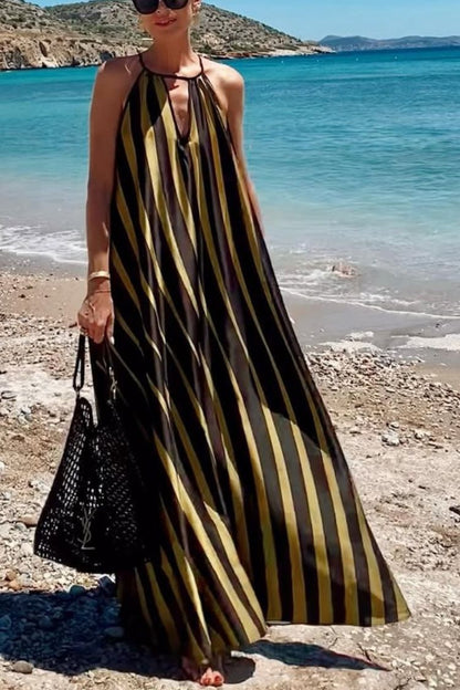 Striped Print V-Neck Loose Beach Vacation Maxi Dress