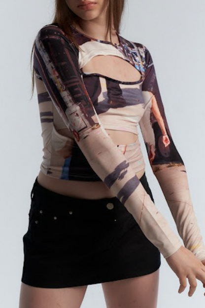 Y2K Cutout Slim Asymmetric Print Long Sleeve Crop Top