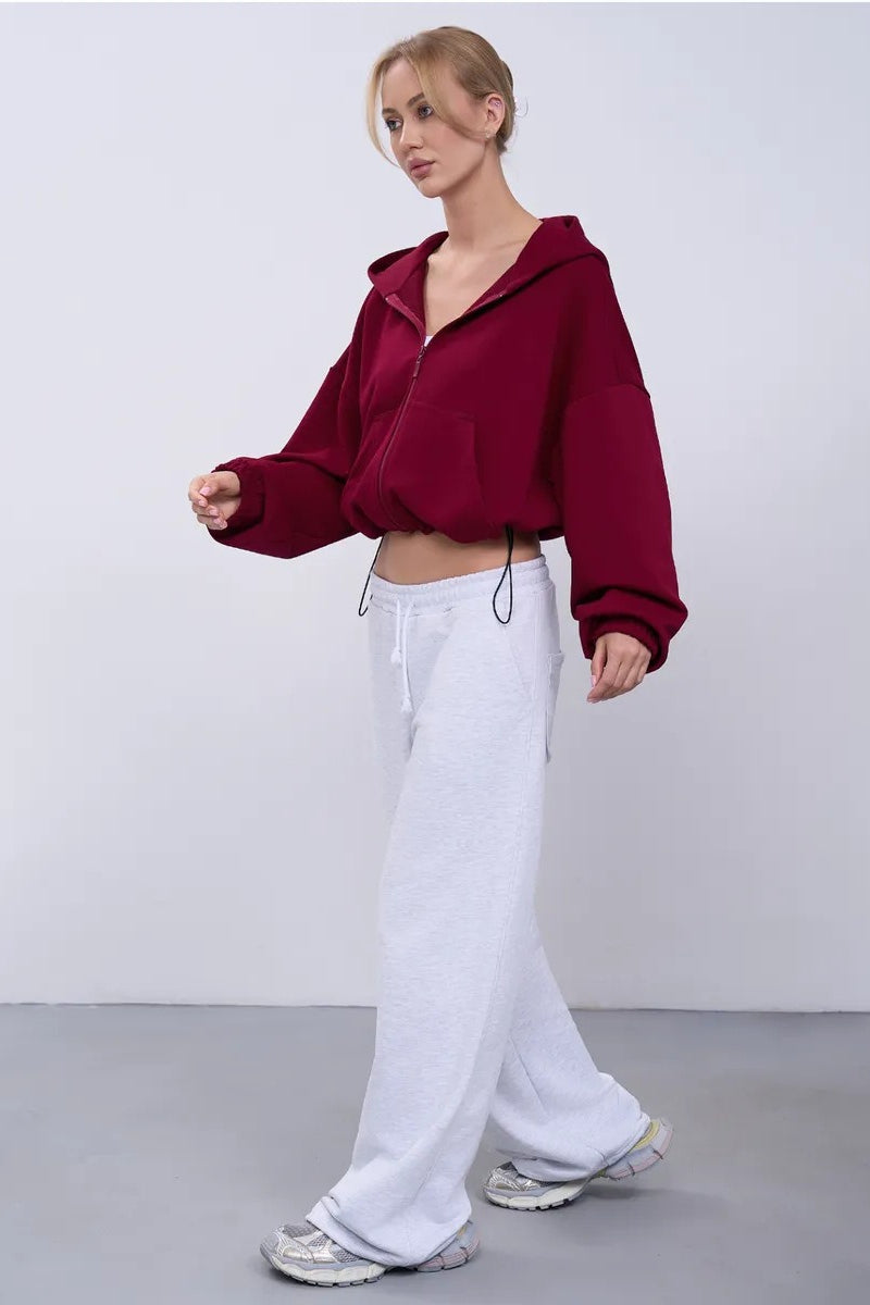 Cropped Fleece Zip Adjustable Waist Hoodie
