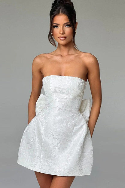 Jacquard Floral Strapless Bow Back Pocket A-Line Mini Dress