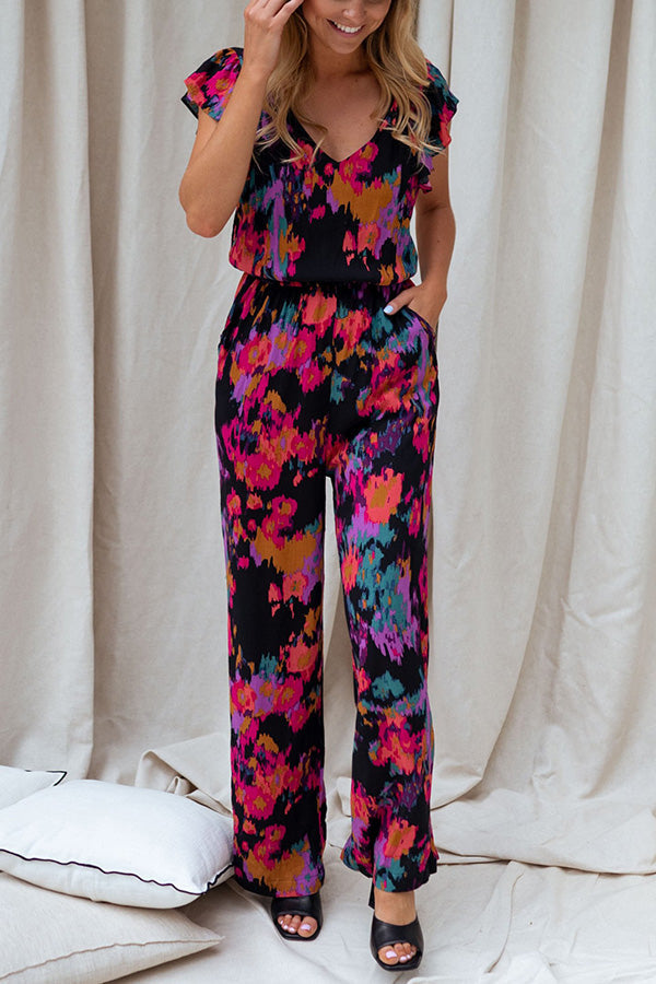 Nicola Watercolor Splash Ink Printed Elastic Waist Pocketed Jumpsuit