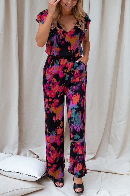 Nicola Watercolor Splash Ink Printed Elastic Waist Pocketed Jumpsuit