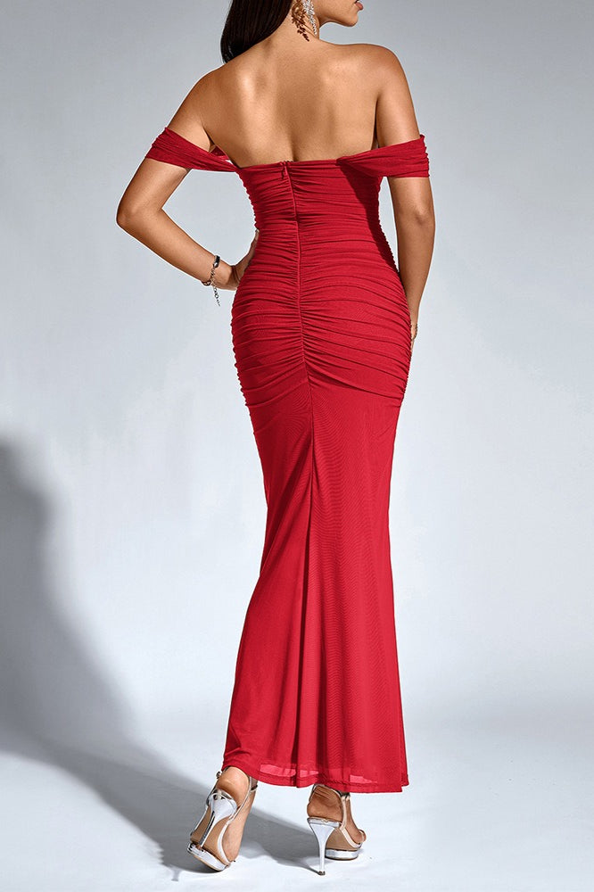 Fishbone Mesh Pleated Backless Bodycon Dress