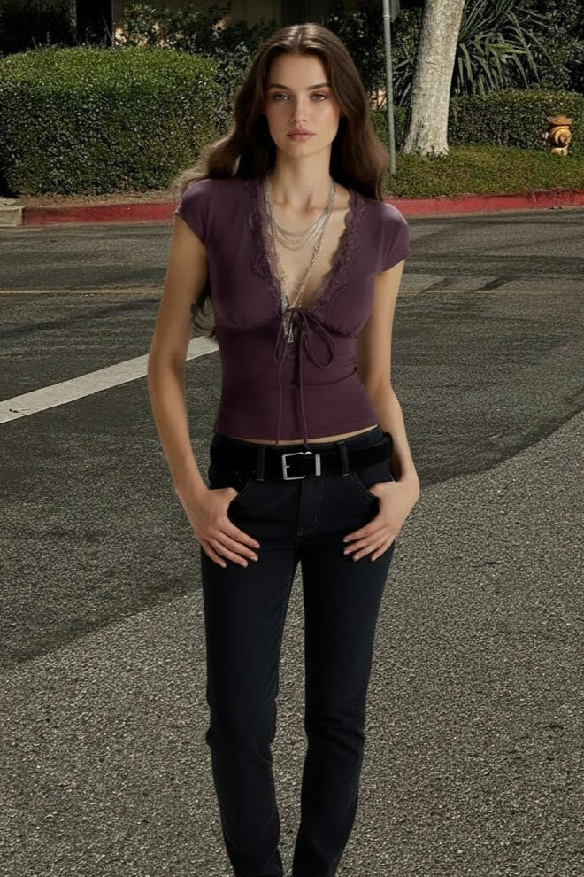 Lace Trim Tie Front Top