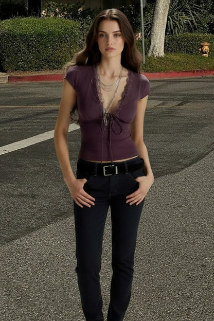 Lace Trim Tie Front Top