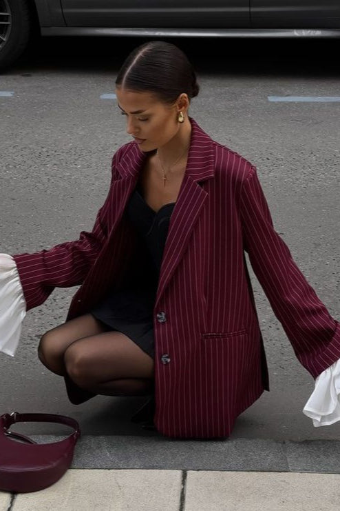 Striped Lace Ruffle Oversized Coat
