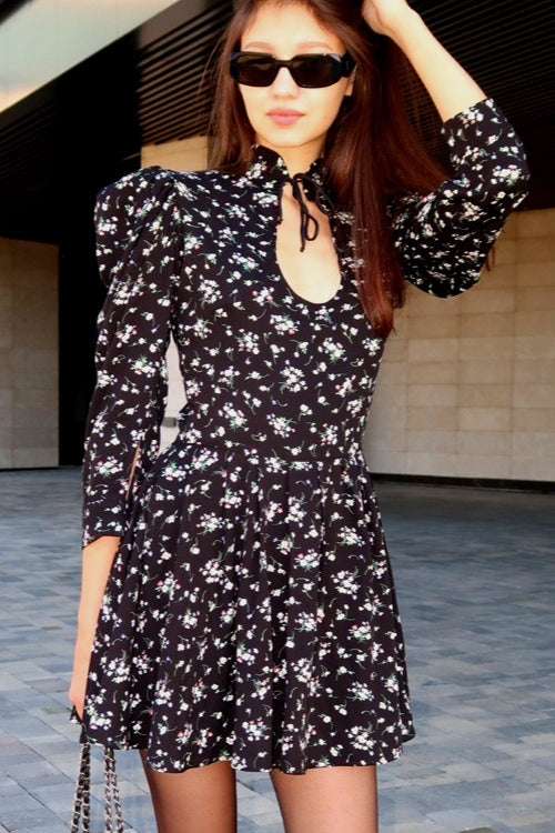 Stand Collar Tie Waist A Line Floral Dress
