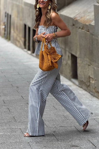 Blue White Stripe Tube Top Ruched Wide Leg Pants Two Piece Set