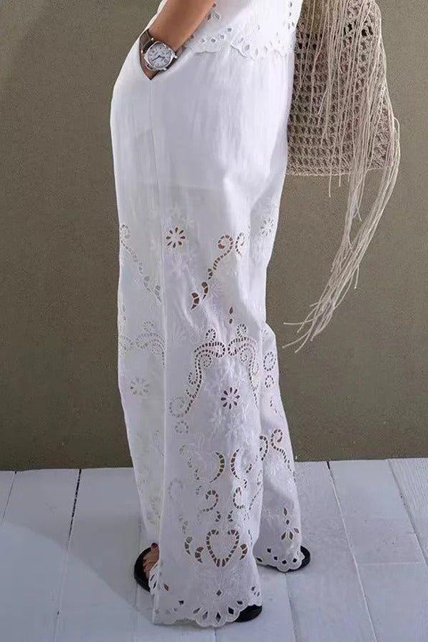 Linen Blend Solid Color Hollow Loose Vest and Elastic Waist Casual Pocket Wide Leg Pants Set