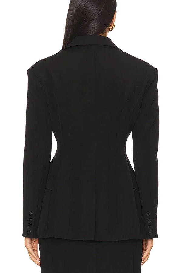Chic Holiday Look Padded Shoulder Fitted Waist Long Sleeve Pocket Lapel Blazer
