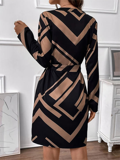 Multi Geometric Print V-Neck Long Sleeve Tie Waist A-Line Mini Dress
