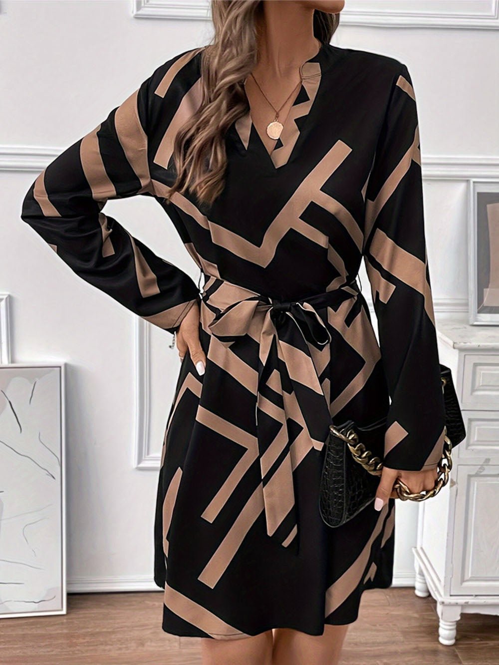 Multi Geometric Print V-Neck Long Sleeve Tie Waist A-Line Mini Dress