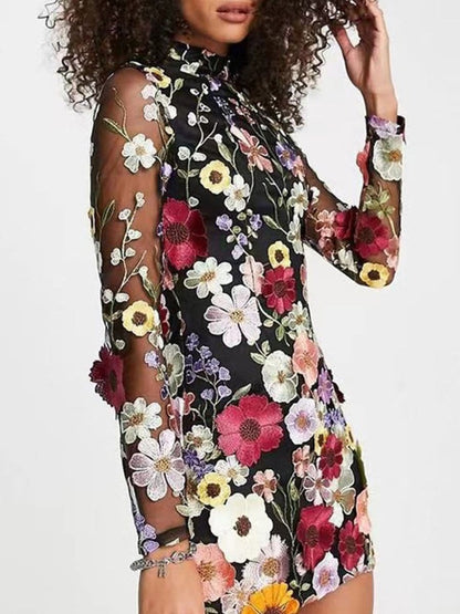 Long Sleeve High Neck 3D Floral Applique Sheer Mesh Bodycon Mini Dress