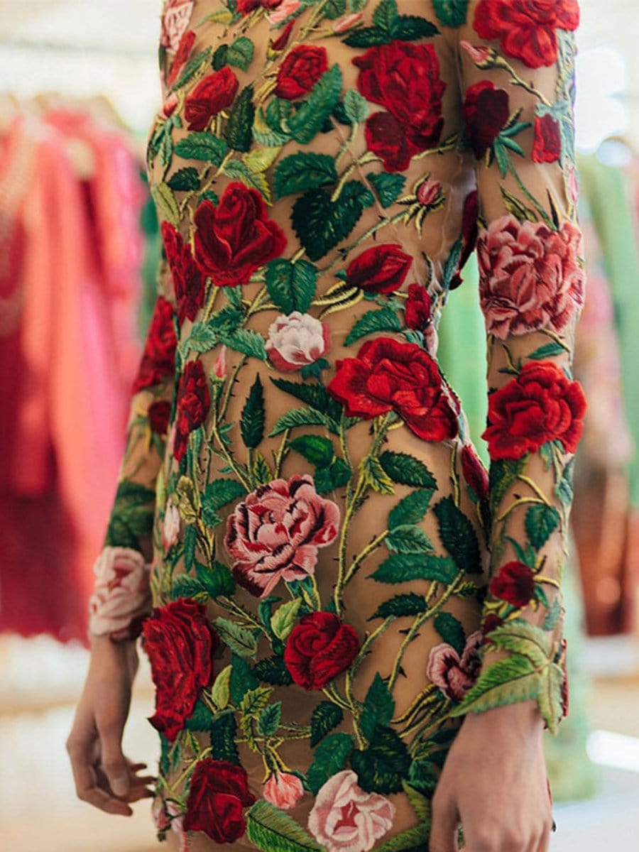 Long Sleeve High Neck 3D Floral Applique Sheer Mesh Bodycon Mini Dress