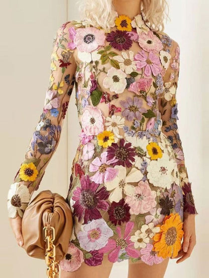 Long Sleeve High Neck 3D Floral Applique Sheer Mesh Bodycon Mini Dress