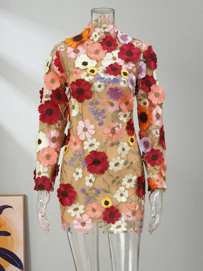 Long Sleeve High Neck 3D Floral Applique Sheer Mesh Bodycon Mini Dress