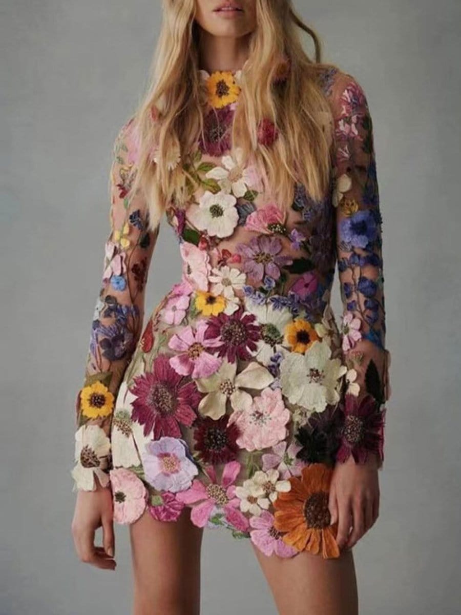 Long Sleeve High Neck 3D Floral Applique Sheer Mesh Bodycon Mini Dress