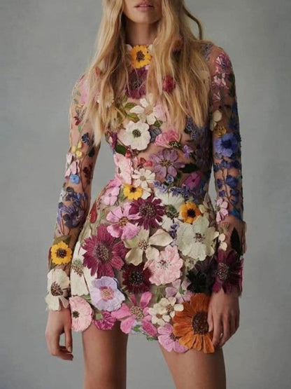 Long Sleeve High Neck 3D Floral Applique Sheer Mesh Bodycon Mini Dress