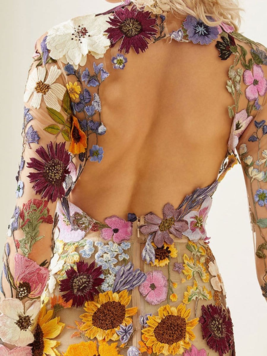 Long Sleeve High Neck 3D Floral Applique Sheer Mesh Bodycon Mini Dress