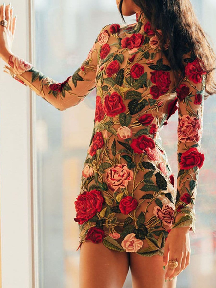Long Sleeve High Neck 3D Floral Applique Sheer Mesh Bodycon Mini Dress