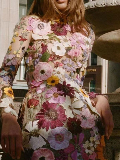 Long Sleeve High Neck 3D Floral Applique Sheer Mesh Bodycon Mini Dress