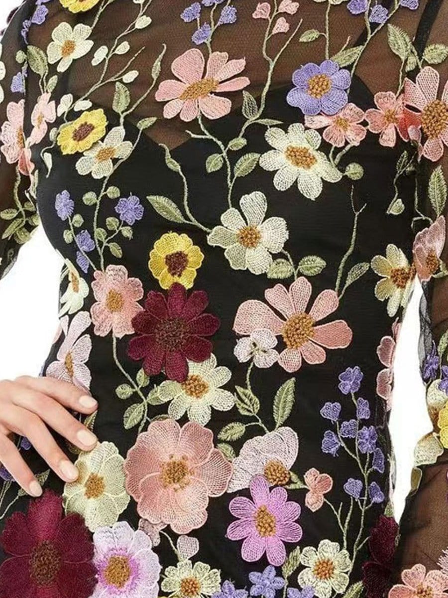 Long Sleeve High Neck 3D Floral Applique Sheer Mesh Bodycon Mini Dress