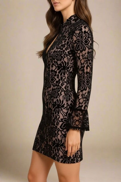 Classic Black Floral Lace Mock Neck Keyhole Long Sleeve Mini Dress
