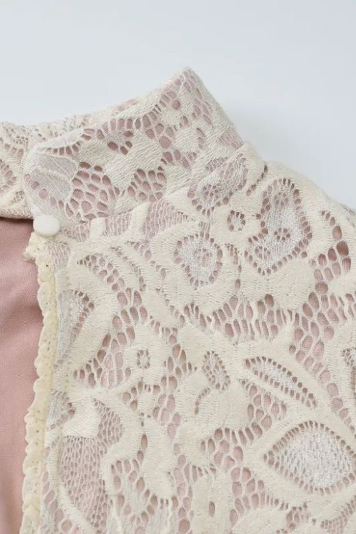 Cream Floral Lace Mock Neck Keyhole Long Sleeve Mini Dress
