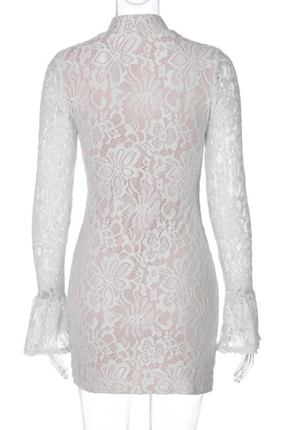 Cream Floral Lace Mock Neck Keyhole Long Sleeve Mini Dress