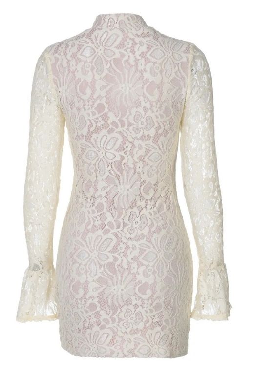 Cream Floral Lace Mock Neck Keyhole Long Sleeve Mini Dress
