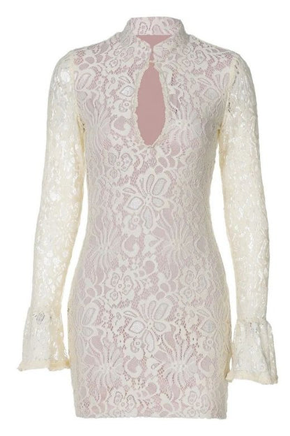 Cream Floral Lace Mock Neck Keyhole Long Sleeve Mini Dress