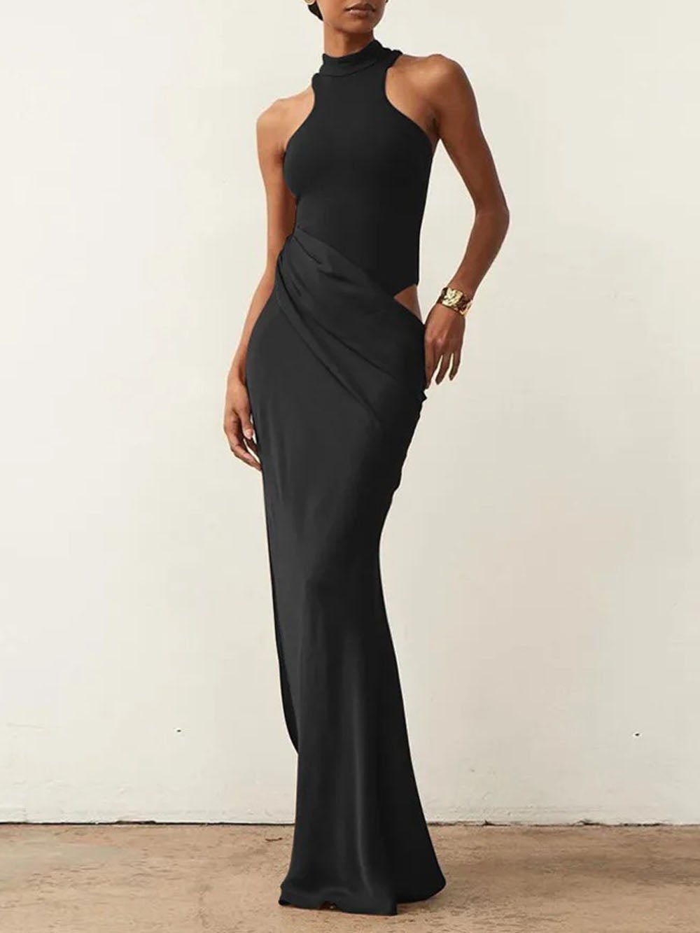 Halter Neck Sleeveless Waist Cut Out Asymmetric Drape Column Maxi Dress