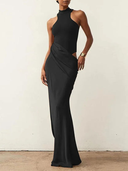 Halter Neck Sleeveless Waist Cut Out Asymmetric Drape Column Maxi Dress