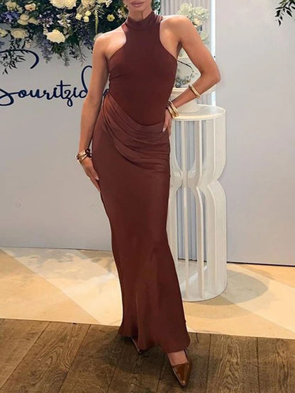 Halter Neck Sleeveless Waist Cut Out Asymmetric Drape Column Maxi Dress