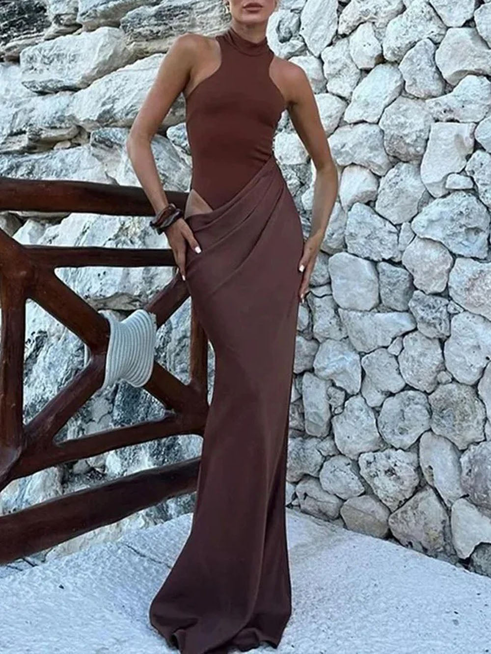 Halter Neck Sleeveless Waist Cut Out Asymmetric Drape Column Maxi Dress