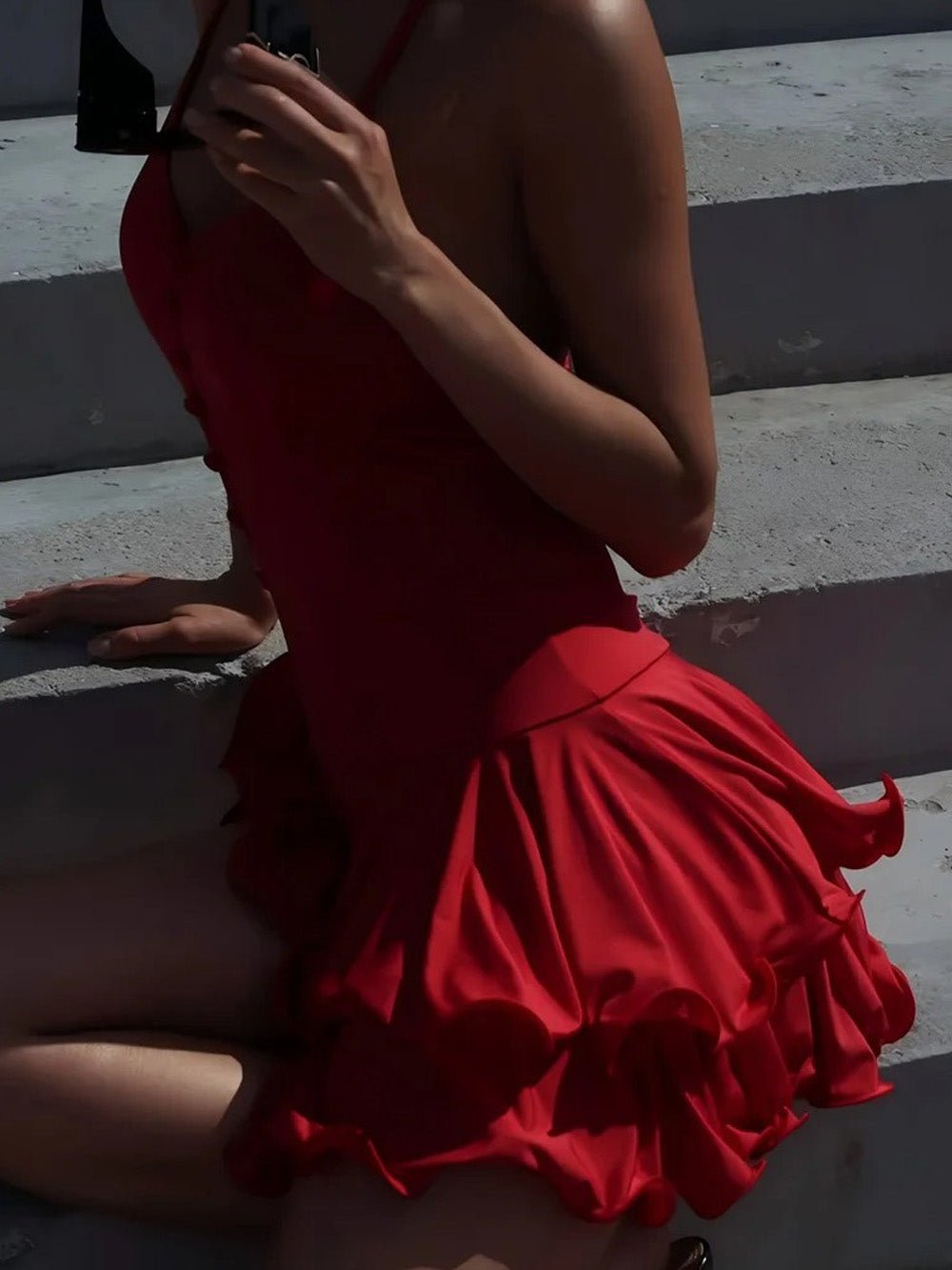 Red Halter Neck Deep V-Neck Button Front Tiered Ruffle Mini Dress