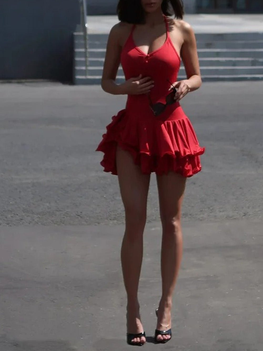 Red Halter Neck Deep V-Neck Button Front Tiered Ruffle Mini Dress