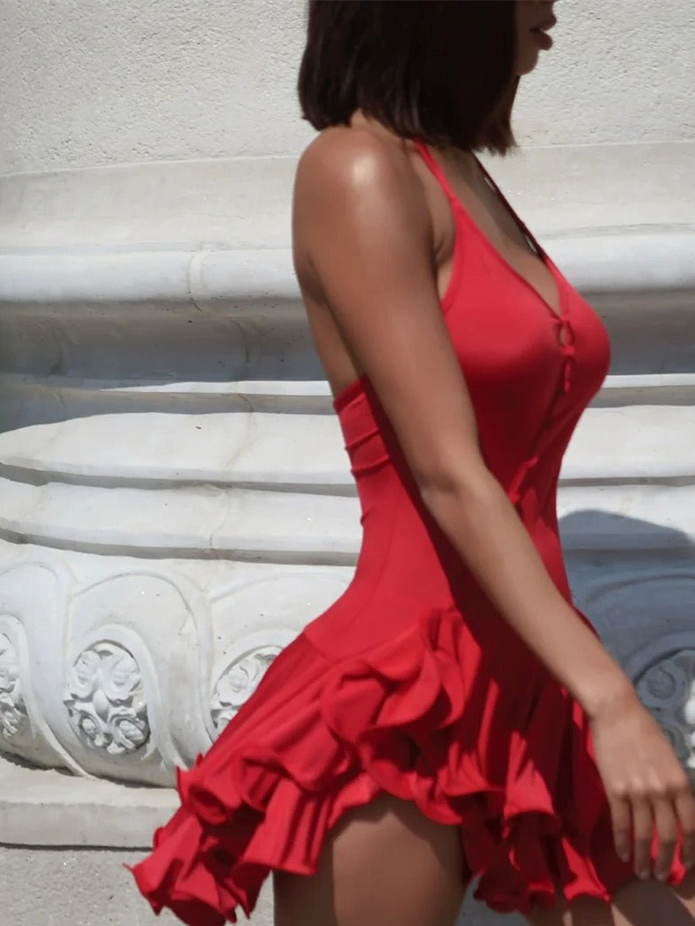 Red Halter Neck Deep V-Neck Button Front Tiered Ruffle Mini Dress