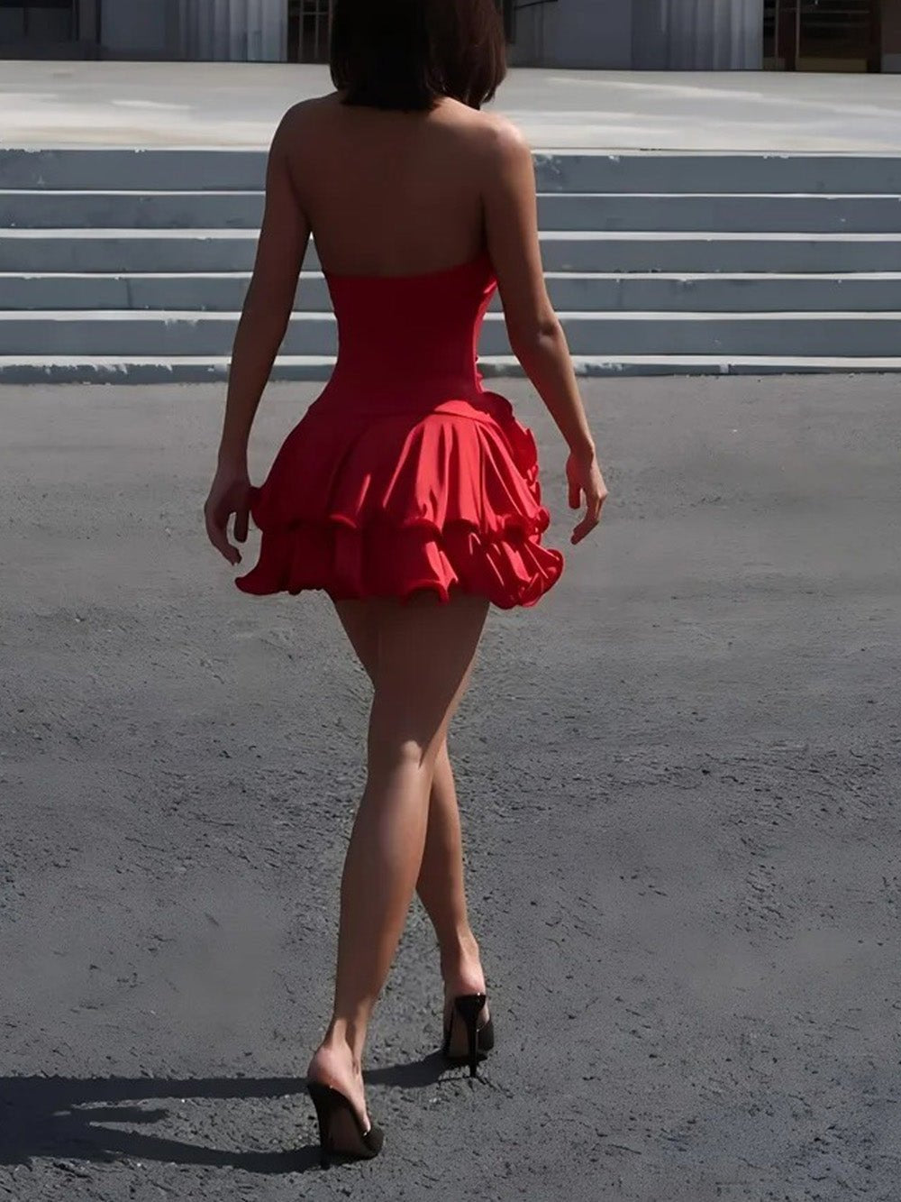 Red Halter Neck Deep V-Neck Button Front Tiered Ruffle Mini Dress