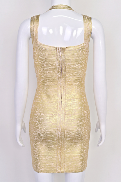 Gold Metallic Bandage Criss Cross Sweetheart Sleeveless Mini Dress