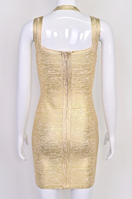 Gold Metallic V-Neck Wrap Front Bandage Bodycon Mini Dress