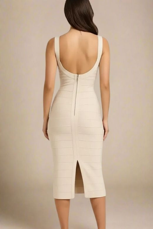 Cream Scoop Neck Sleeveless Bandage Bodycon Midi Dress