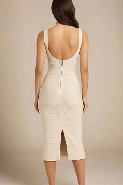 Cream Scoop Neck Sleeveless Bandage Bodycon Midi Dress