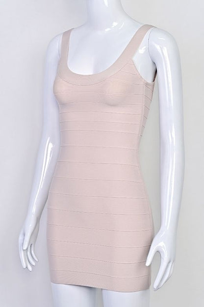 Beige Scoop Neck Sleeveless Bandage Bodycon Mini Dress