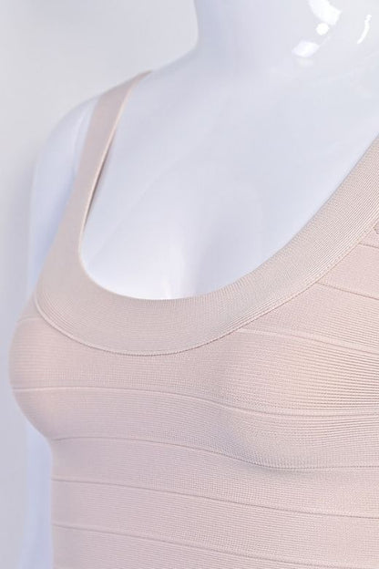 Beige Scoop Neck Sleeveless Bandage Bodycon Mini Dress