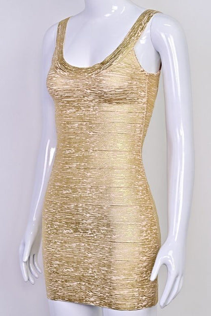 Rose Gold Metallic Scoop Neck Sleeveless Bandage Bodycon Mini Party Dress