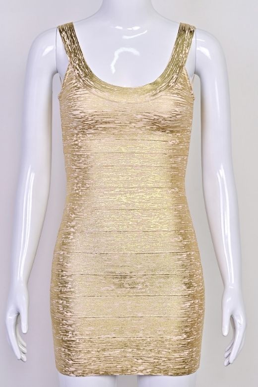 Rose Gold Metallic Scoop Neck Sleeveless Bandage Bodycon Mini Party Dress