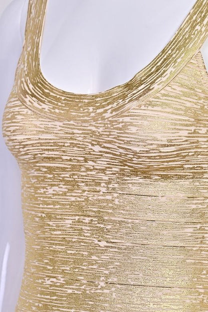Rose Gold Metallic Scoop Neck Sleeveless Bandage Bodycon Mini Party Dress