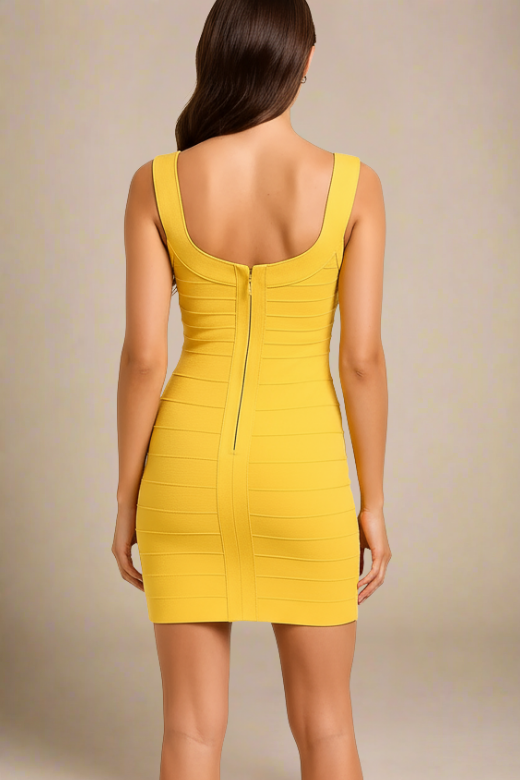 Mustard Yellow Scoop Neck Wide Strap Panel Bandage Bodycon Mini Dress